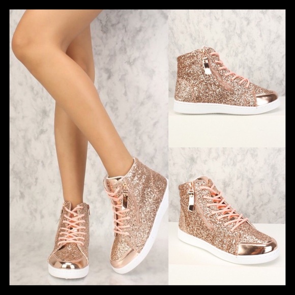 Rose Gold Sequin Lace Up Ankle Sneakers! - Picture 2 of 5